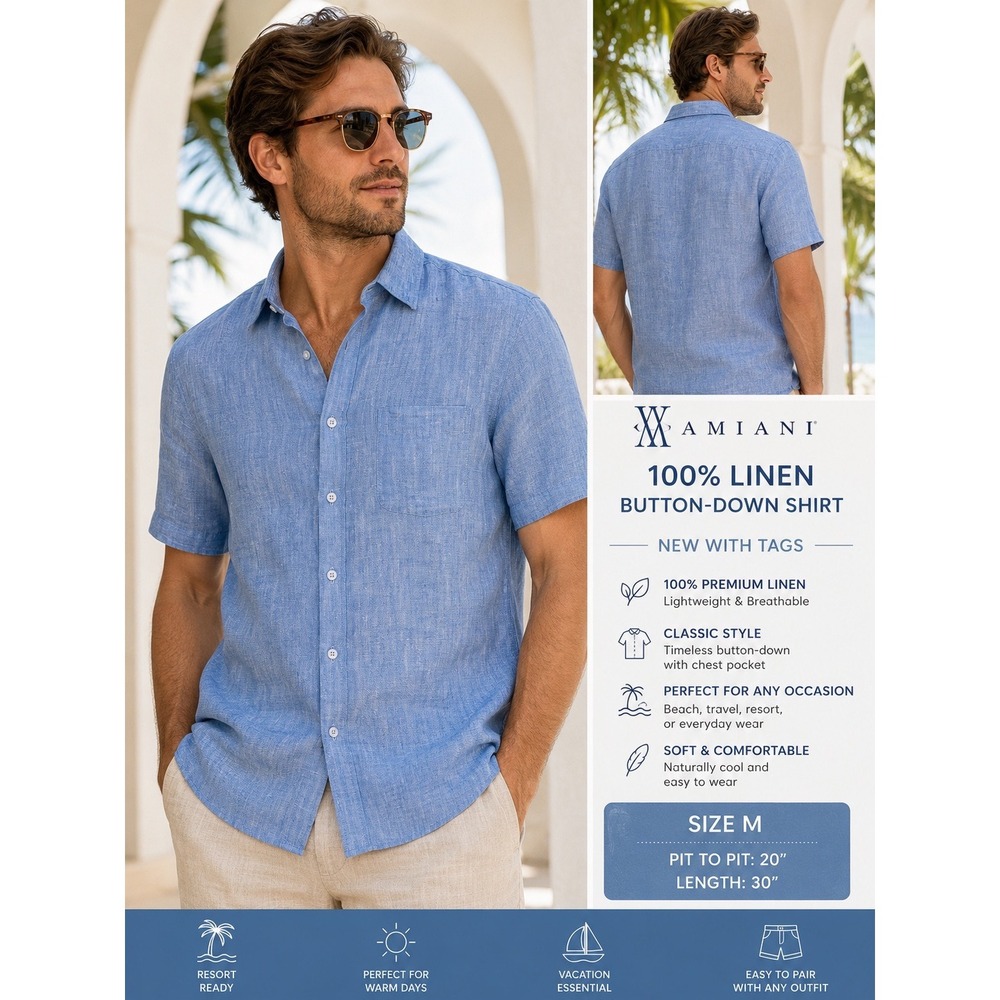 Amiani Mens 100% Linen Button Down Shirt Short Sleeve Blue‎ Resort Wear Size M